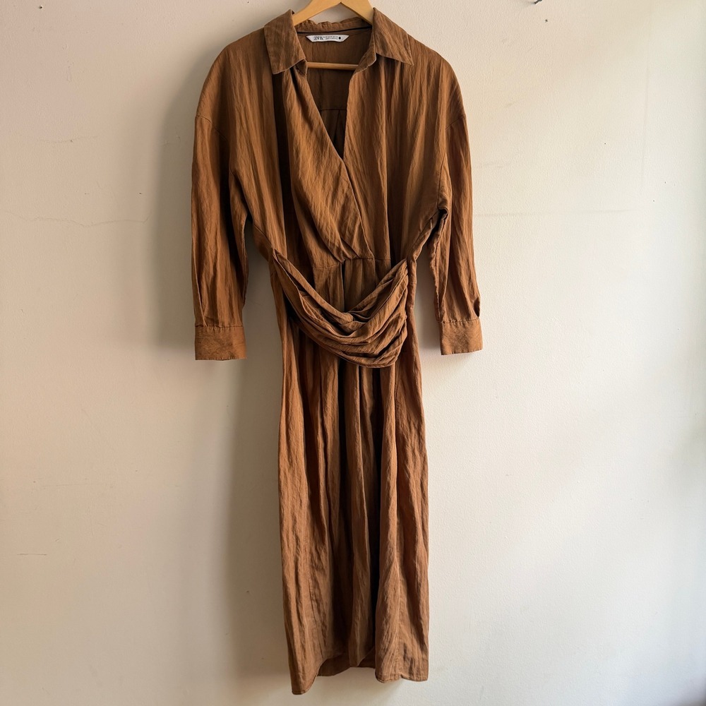 Zara Women's Midi Dress Brown Textured Knot Front Slit